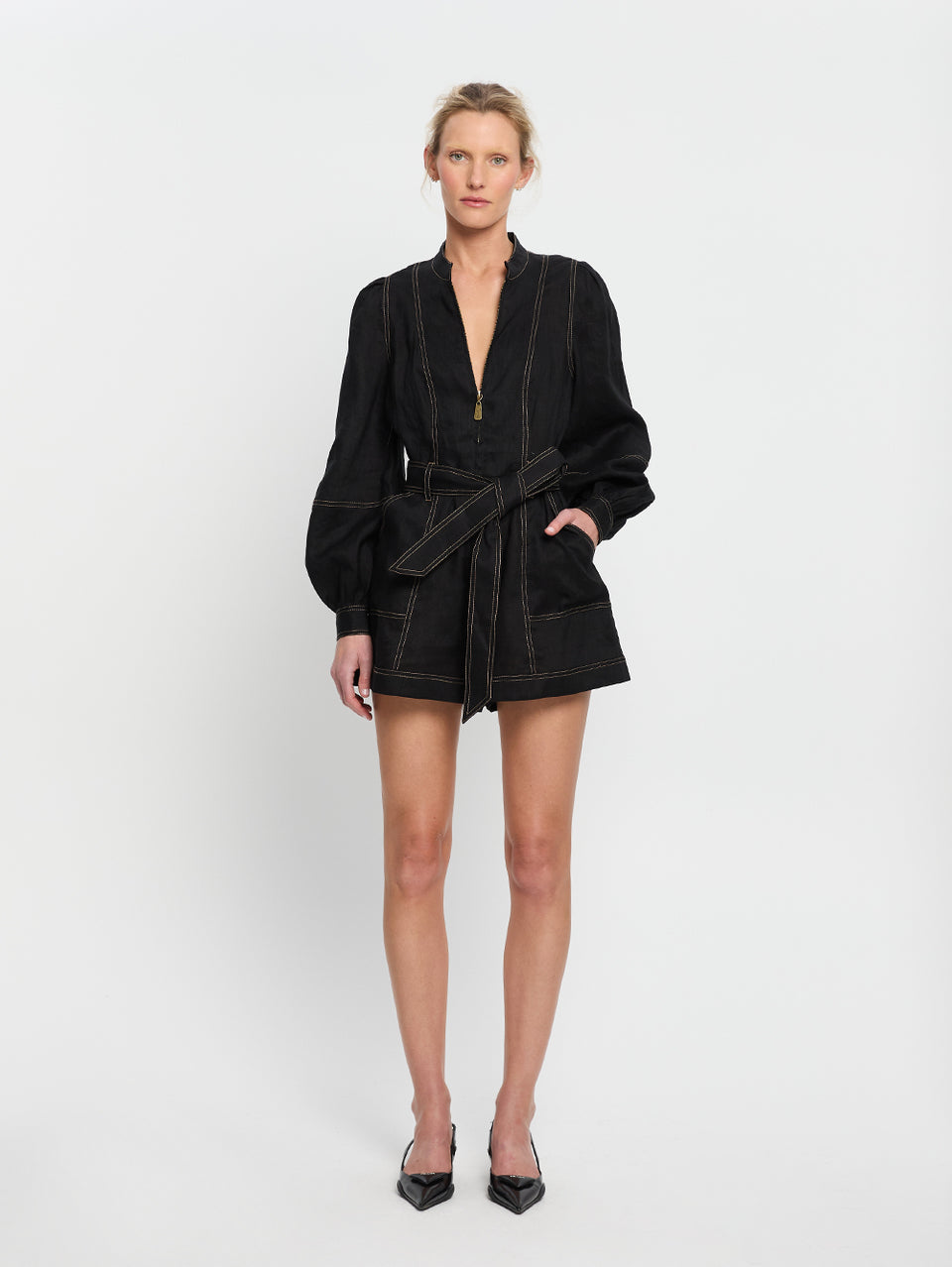 Ada Playsuit Black KIVARI | Model wears black linen playsuit