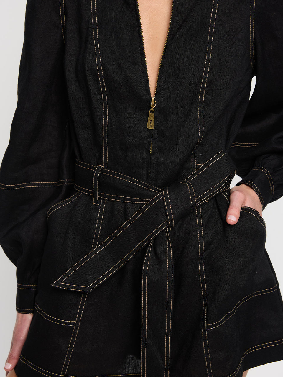 Ada Playsuit Black KIVARI | Model wears black linen playsuit close up