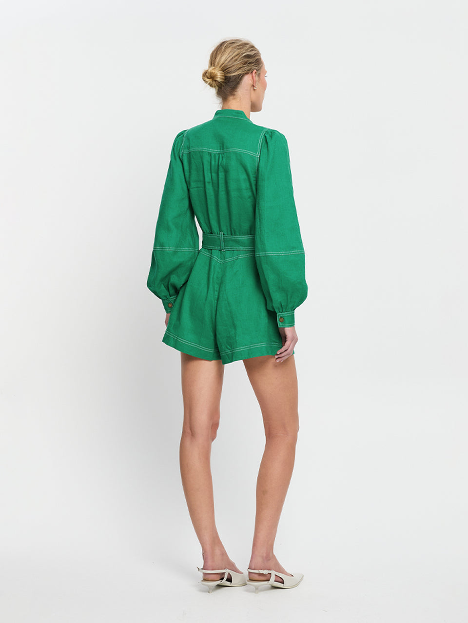 Ada Playsuit Green KIVARI | Model wears green linen playsuit back view