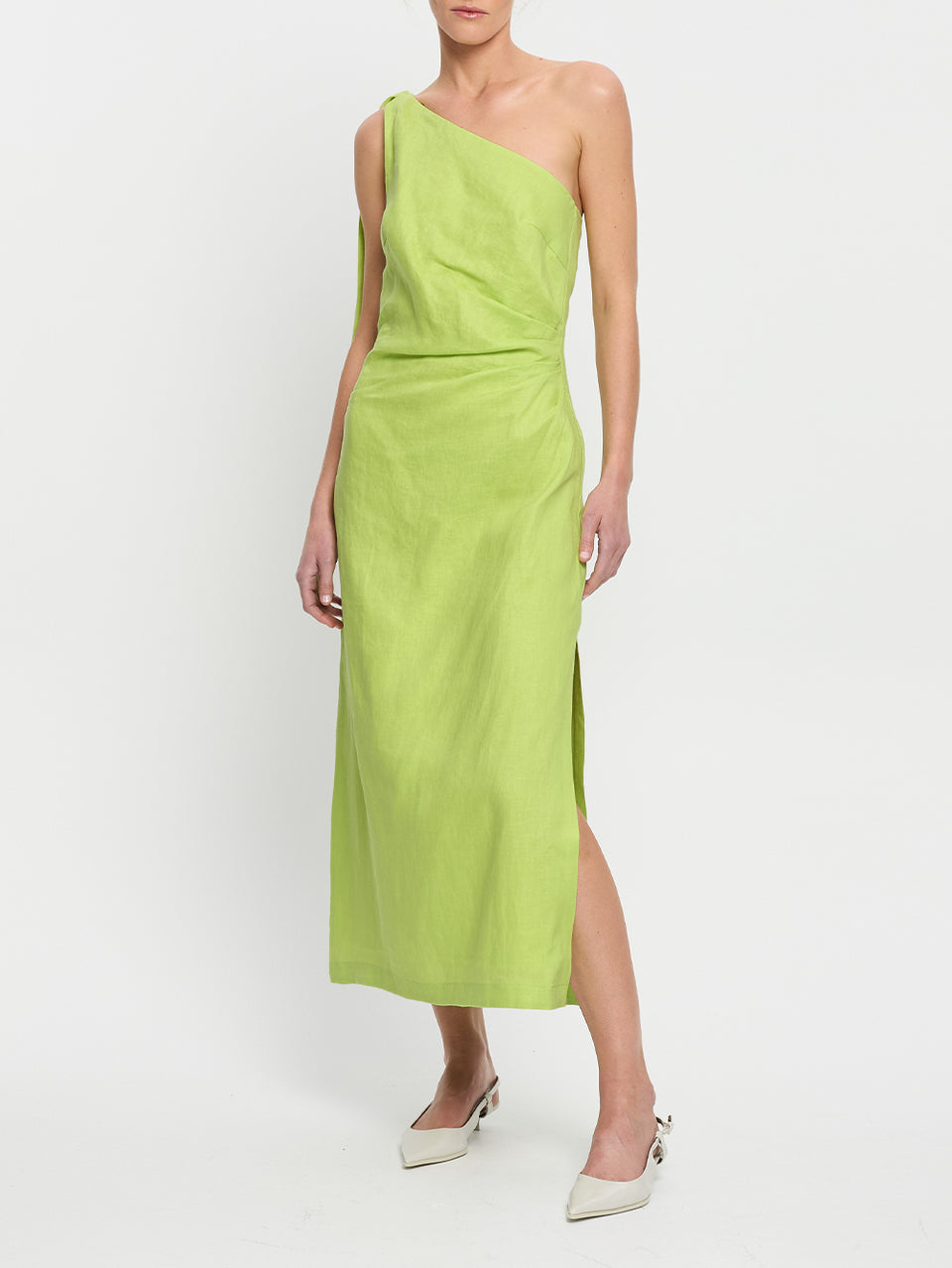 Addison Midi Dress KIVARI | Model wears green one shoulder linen midi dress