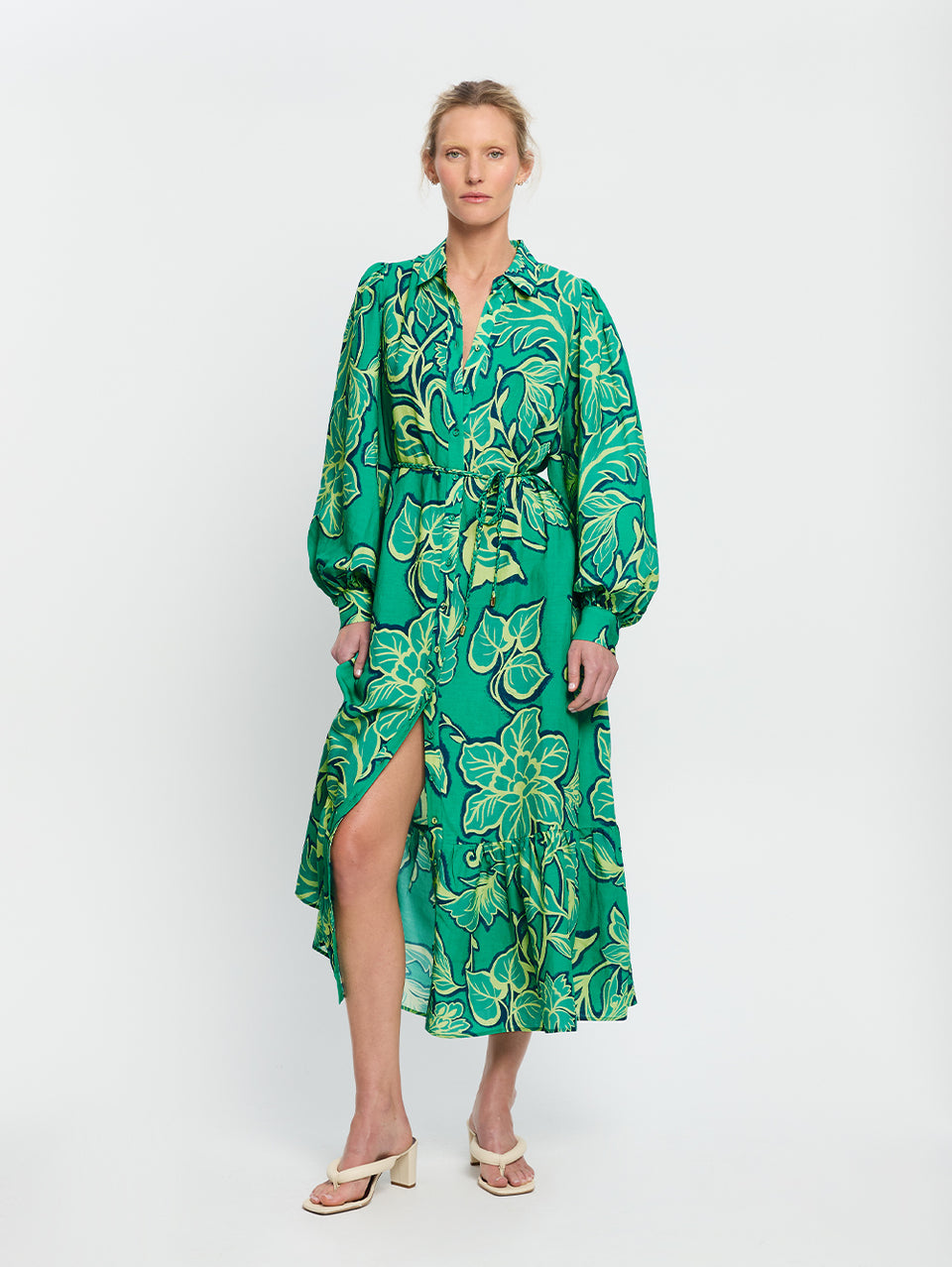 Fiora Shirt Dress KIVARI | Model wears green floral shirt dress