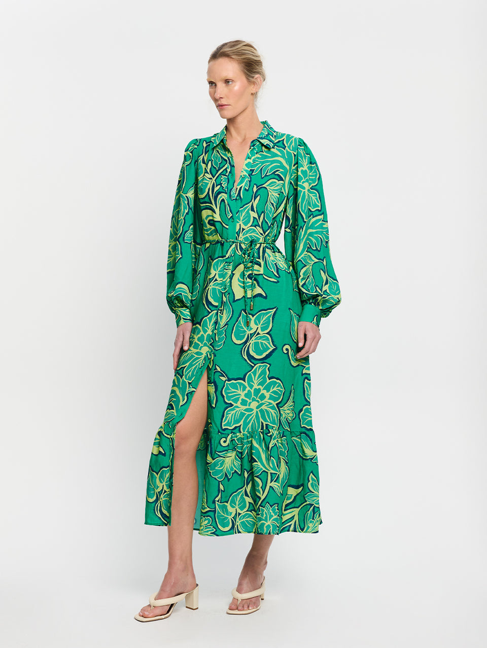 Fiora Shirt Dress KIVARI | Model wears green floral shirt dress side view