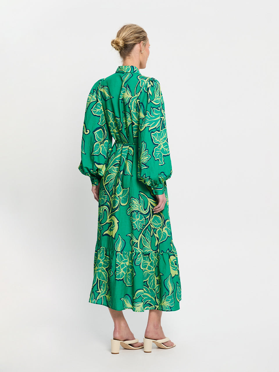 Fiora Shirt Dress KIVARI | Model wears green floral shirt dress back view