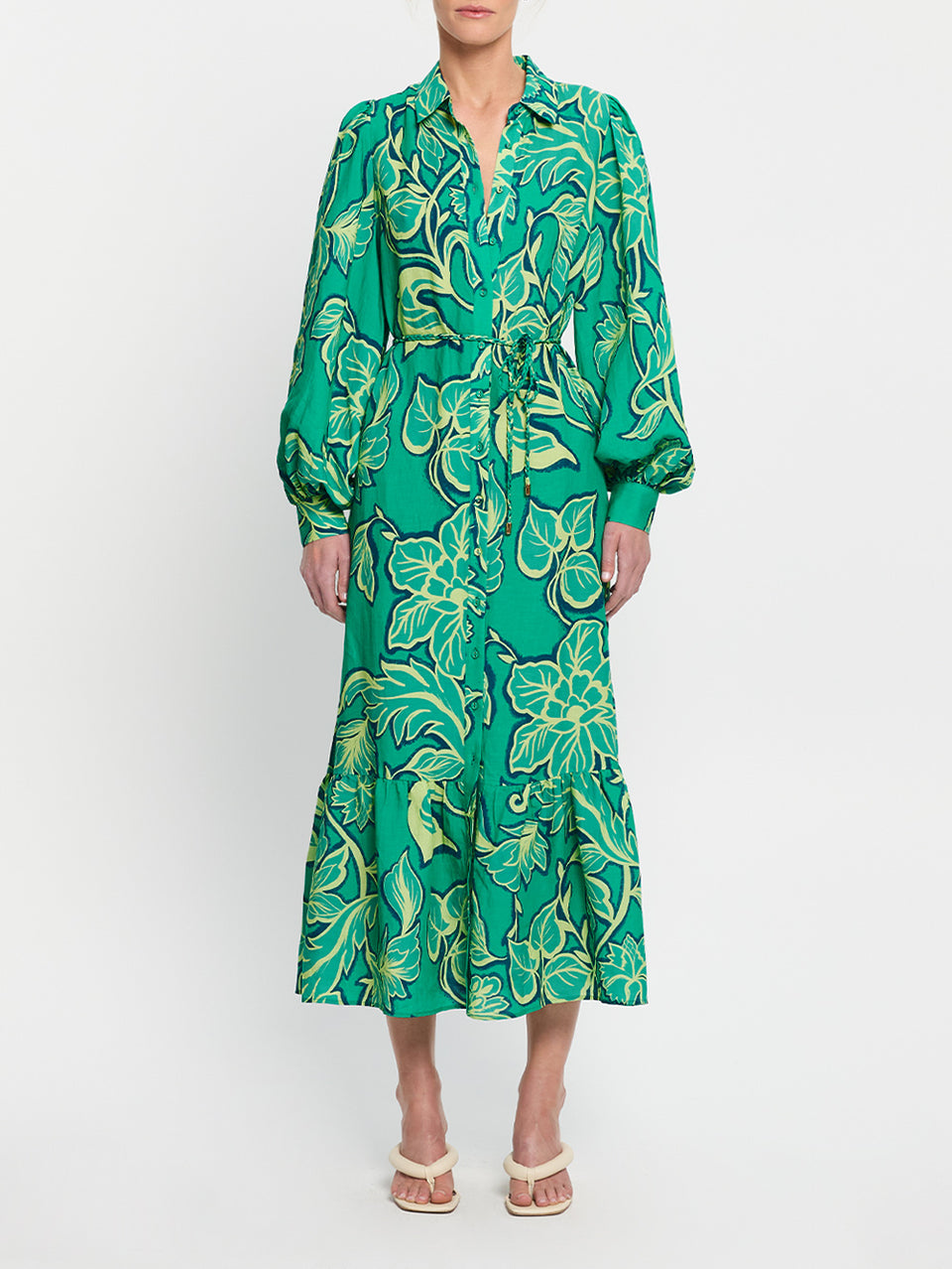 Fiora Shirt Dress KIVARI | Model wears green floral shirt dress