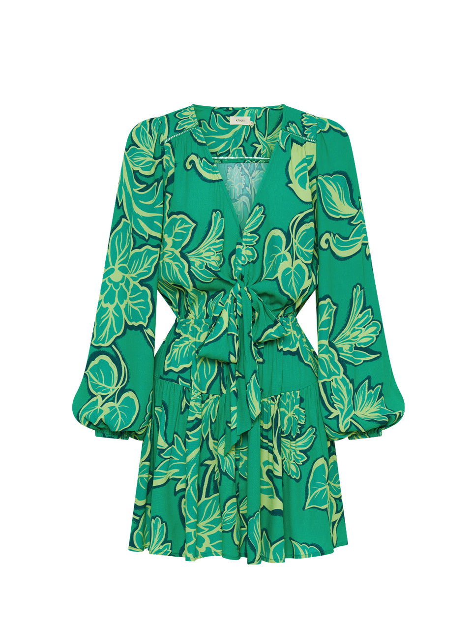 Fiora Tie Front Mini Dress KIVARI | Green floral tie front mini dress