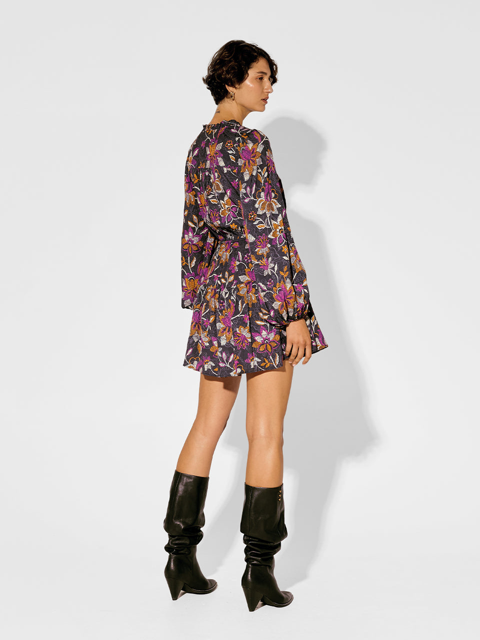 Imani Mini Dress KIVARI | Model wears floral printed mini dress back view