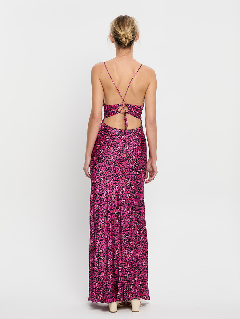 Imogen Slip Dress KIVARI | Model wears pink floral slip dress back view