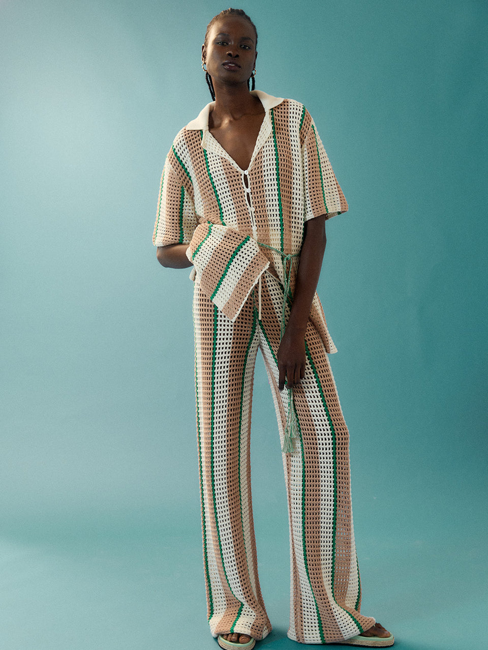 Juni Knit Pant KIVARI | Model wears stripe knit pant campaign