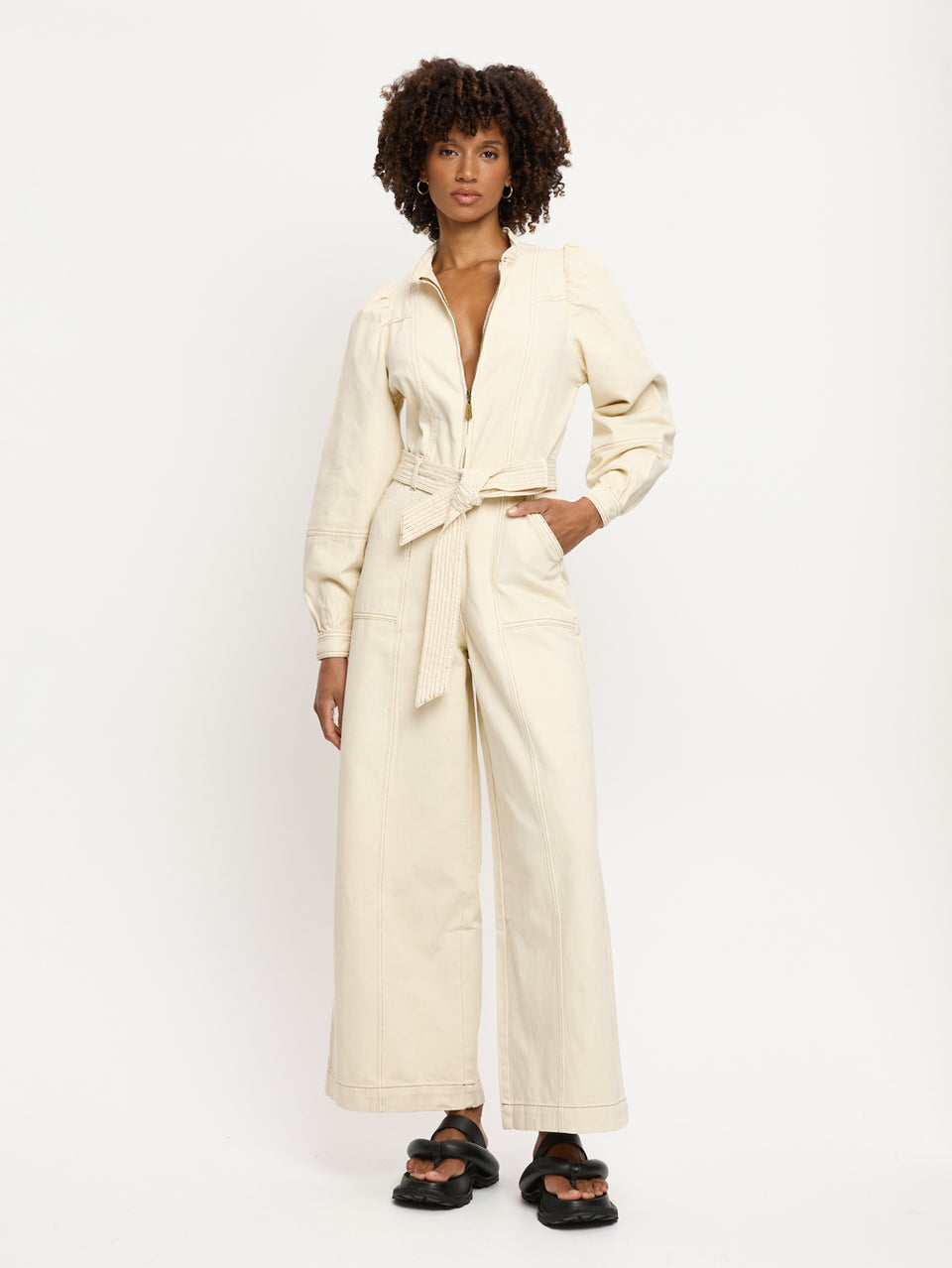 Lourdes Boilersuit Cream KIVARI | Model wears cream denim boilersuit