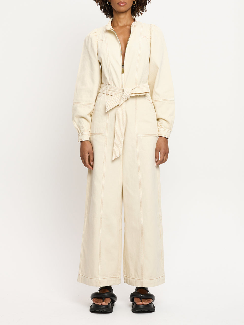 Lourdes Boilersuit Cream KIVARI | Model wears cream denim boilersuit