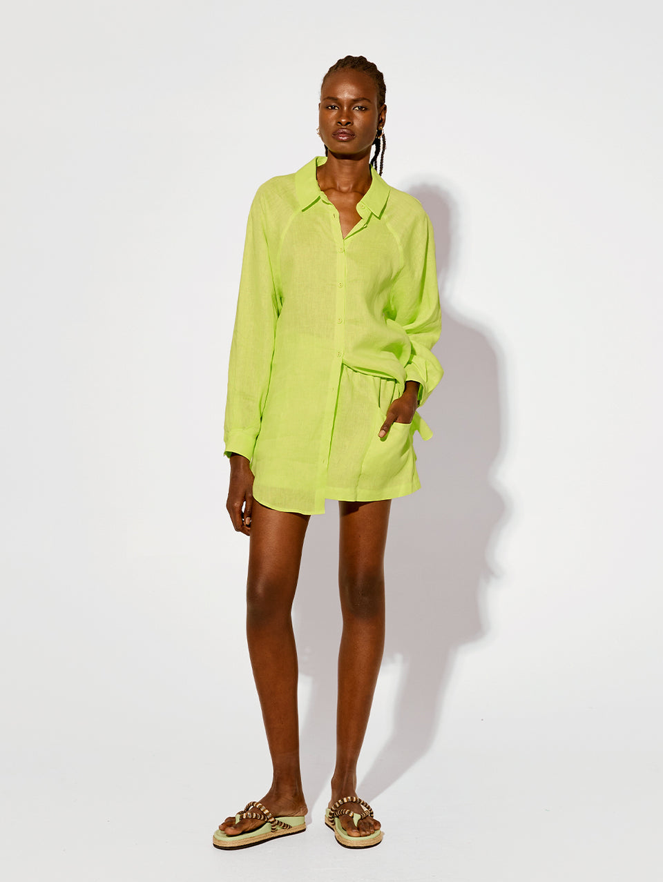 Nikita Shirt Lime KIVARI | Model wears lime green linen shirt