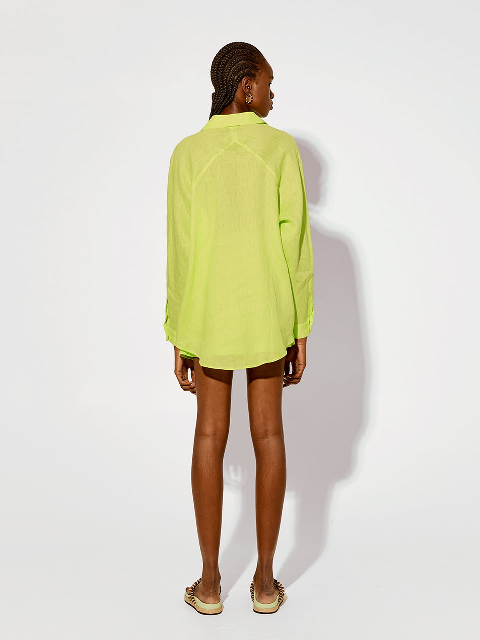 Nikita Shirt Lime KIVARI | Model wears lime green linen shirt back view