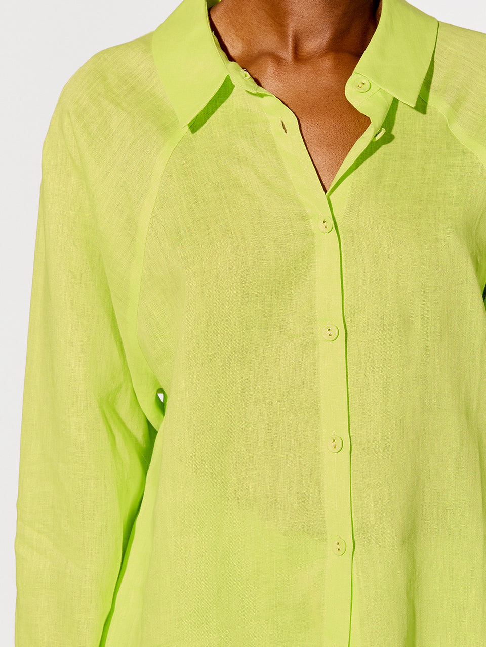 Nikita Shirt Lime KIVARI | Model wears lime green linen shirt close up