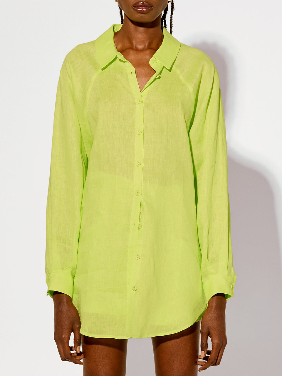 Nikita Shirt Lime KIVARI | Model wears lime green linen shirt