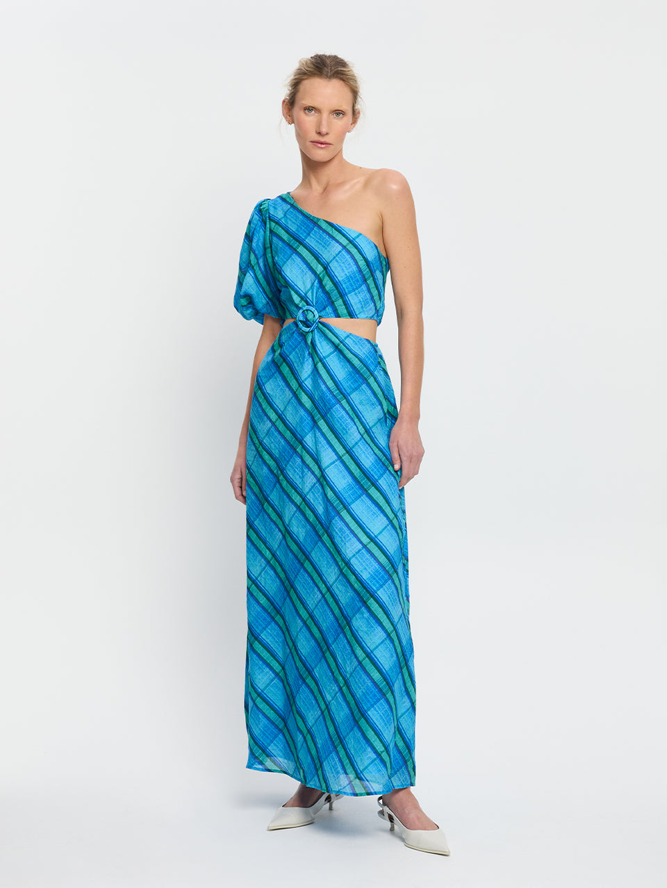 Oceana Maxi Dress KIVARI | Model wears blue check print maxi dress