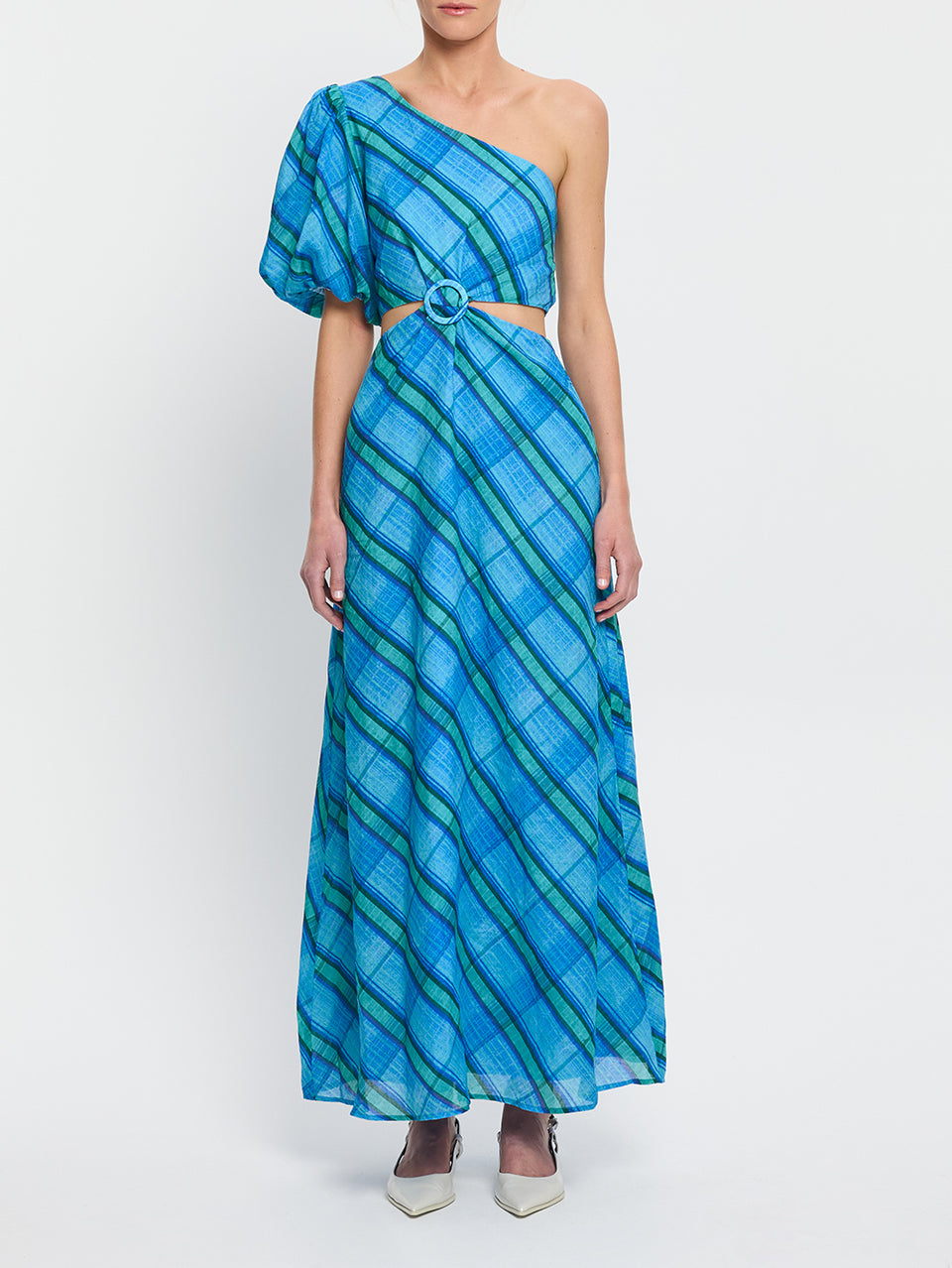 Oceana Maxi Dress KIVARI | Model wears blue check print maxi dress 