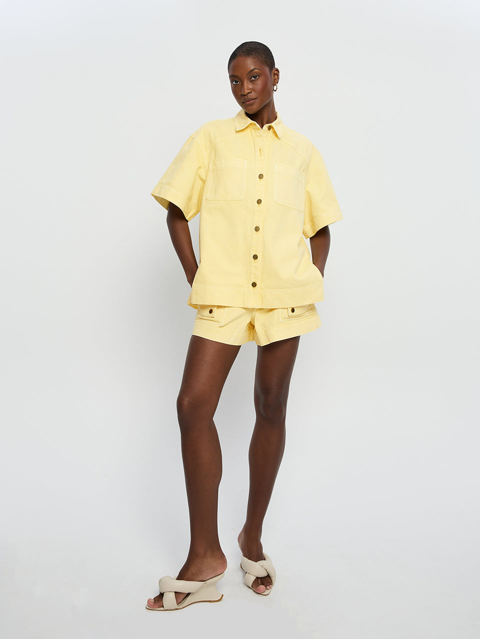 Paloma Shirt Butter | Model wears yellow denim shirt