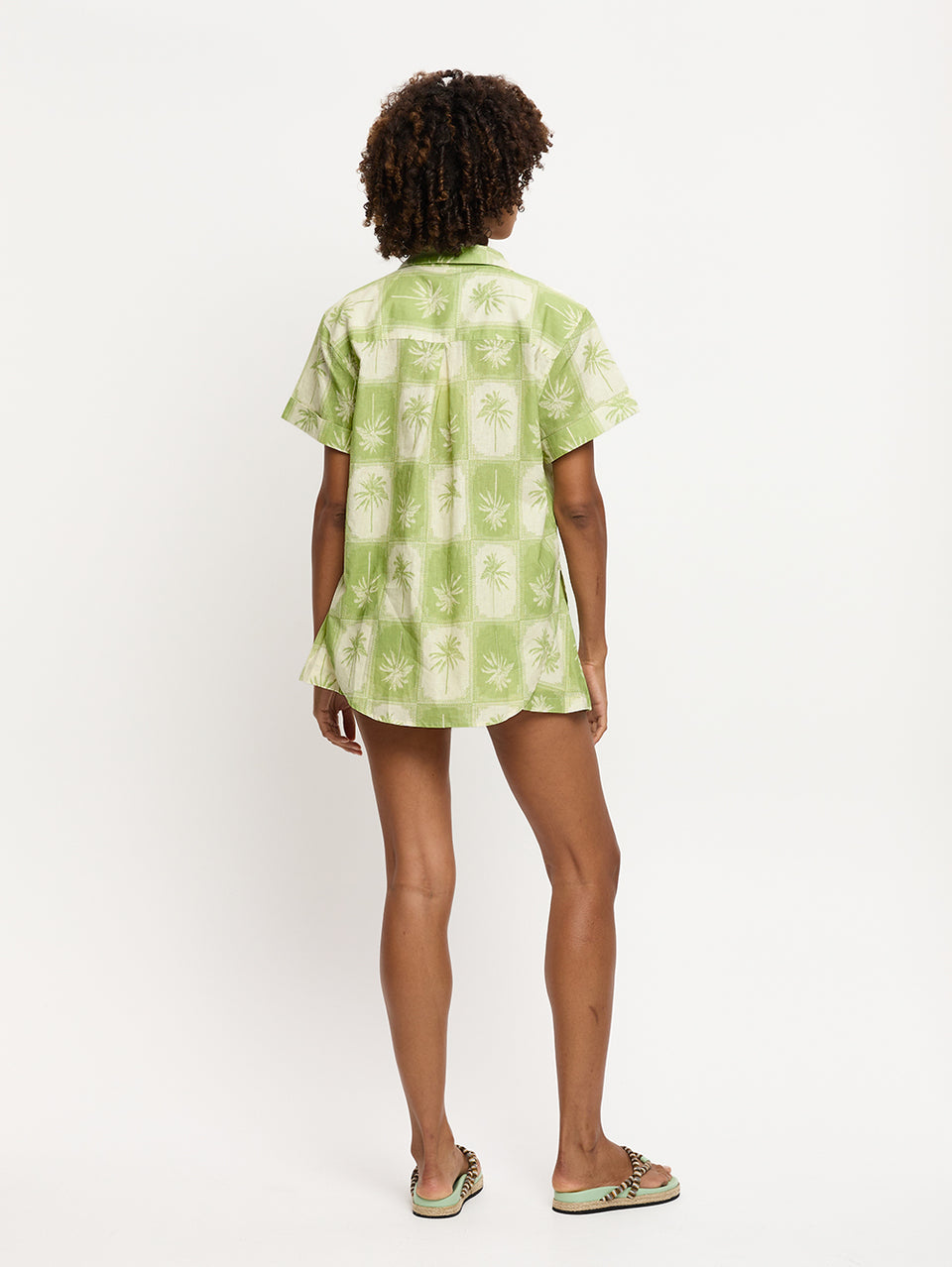 Paradiso Shirt KIVARI | Model wears palm tree printed shirt back view
