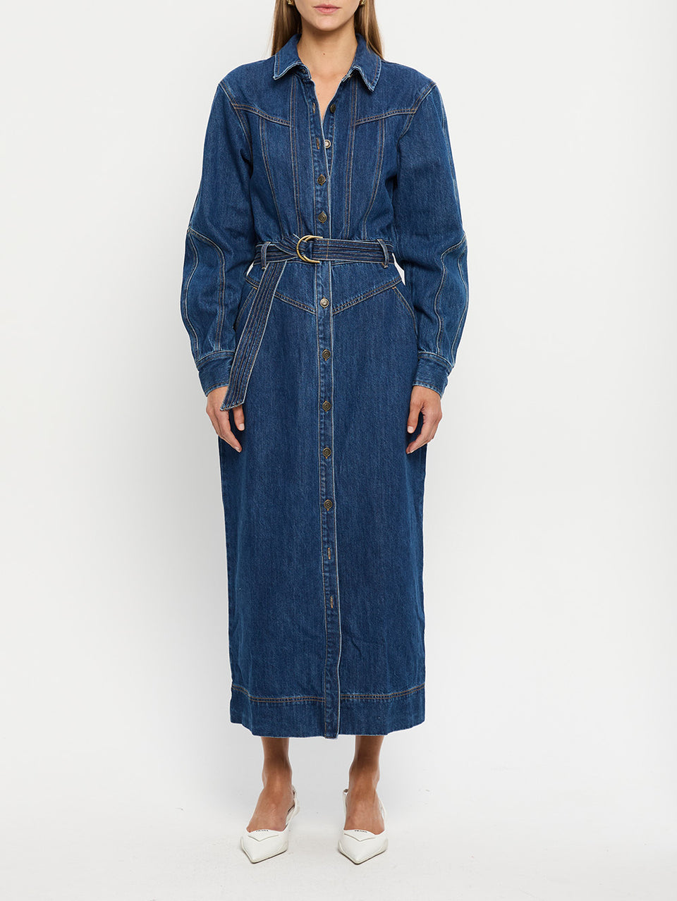 Bonny Midi Dress KIVARI | Model wears navy denim midi dress