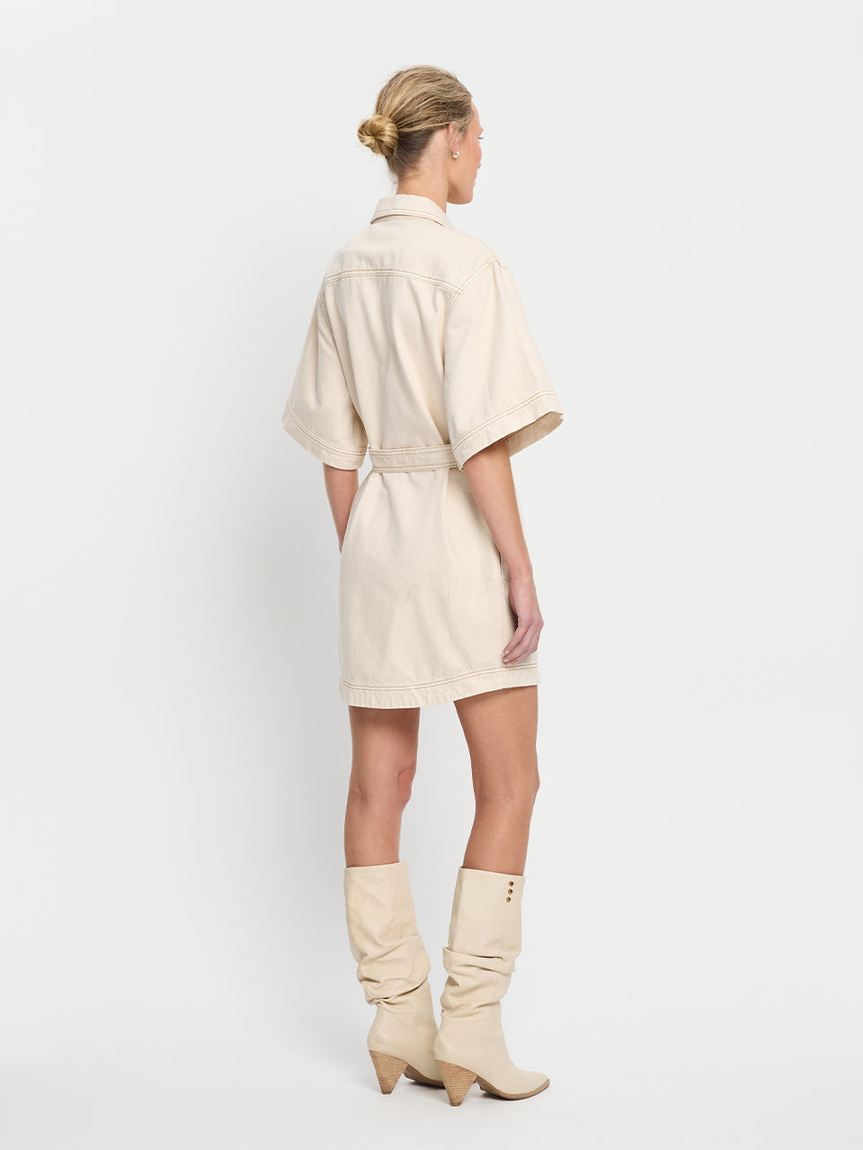 Rowyn Shirt Dress Cream KIVARI | Model wears cream denim shirt dress back view