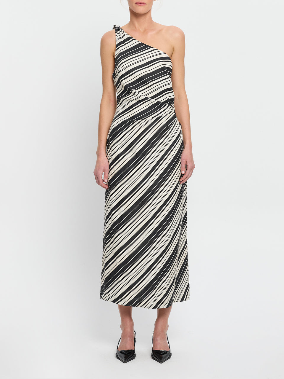 Sara Midi Dress KIVARI | Model wears stripe one shoulder linen midi dress