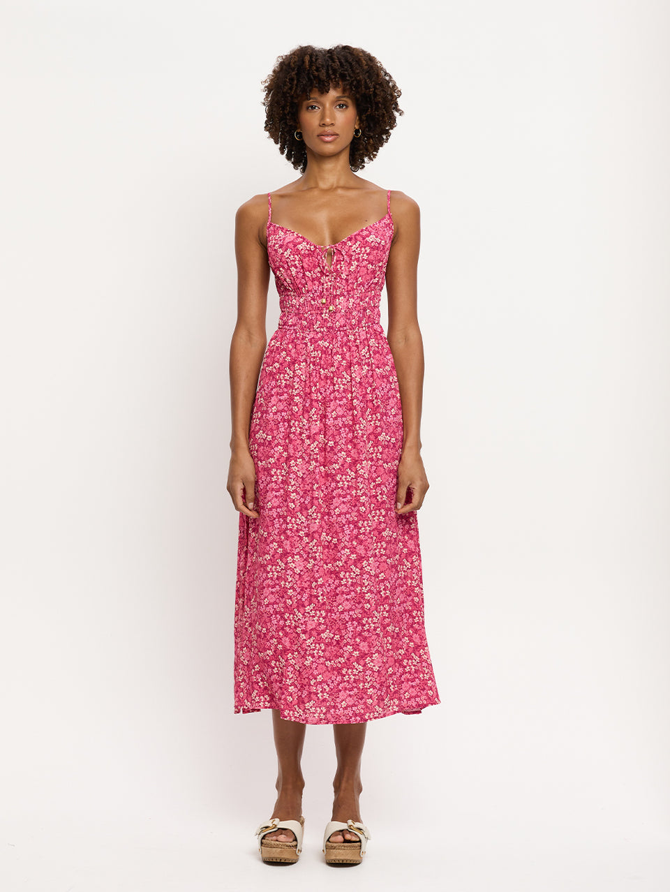 Tamara Strappy Midi Dress KIVARI | Model wears pink floral midi dress