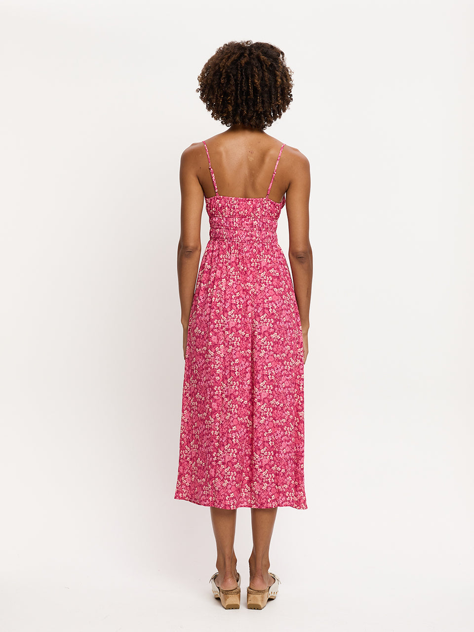 Tamara Strappy Midi Dress KIVARI | Model wears pink floral midi dress back view