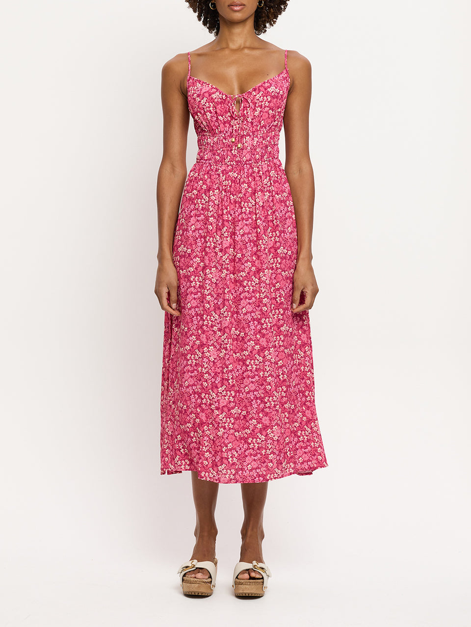 Tamara Strappy Midi Dress KIVARI | Model wears pink floral midi dress