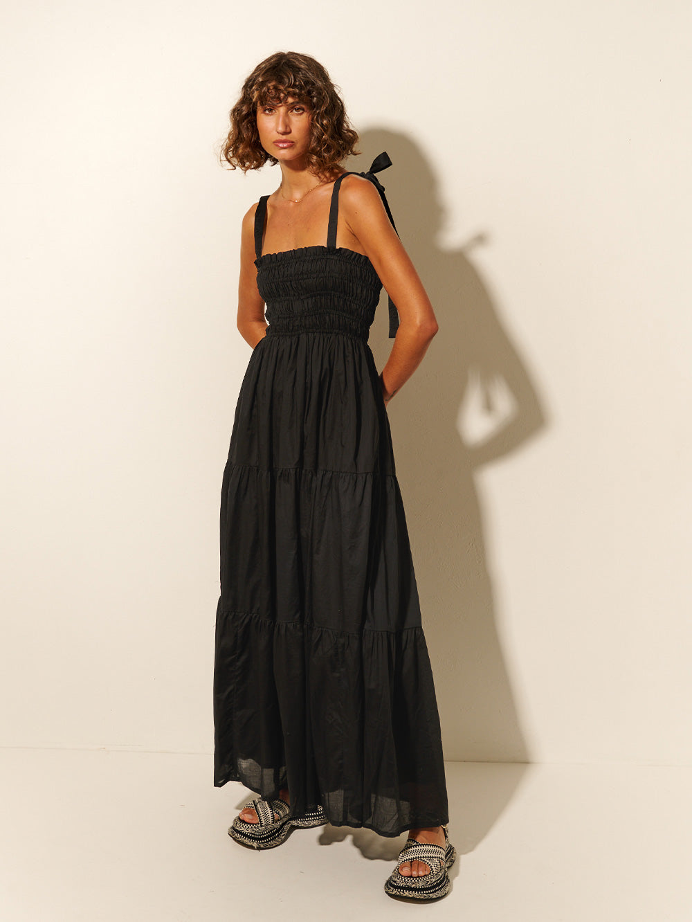 Black shirred maxi dress sale